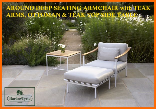 AROUND DEEP SEATING ARMCHAIR with TEAK ARMS, OTTOMAN & TEAK TOP SIDE TABLE